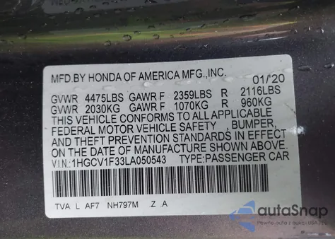 2020 Honda Accord Sport z USA, uszkodzony, nr VIN 1HGCV1F33LA050543